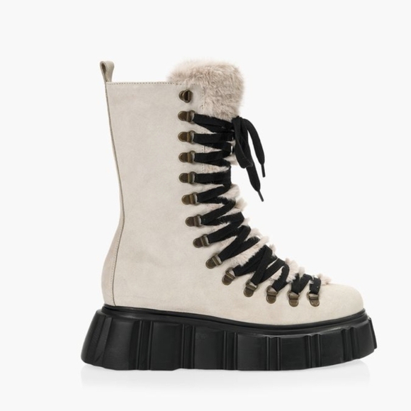 Browns B2 Tofino suede & faux fur platform moto combat boot cream Sz 9.5/10 EU40 - Picture 5 of 16